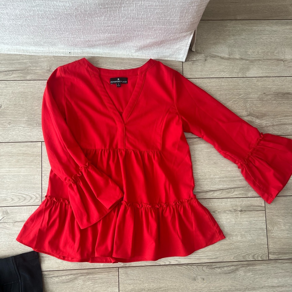 Tuckernut Pomander Place Red Crepe Kenzo Long Sleeve Top